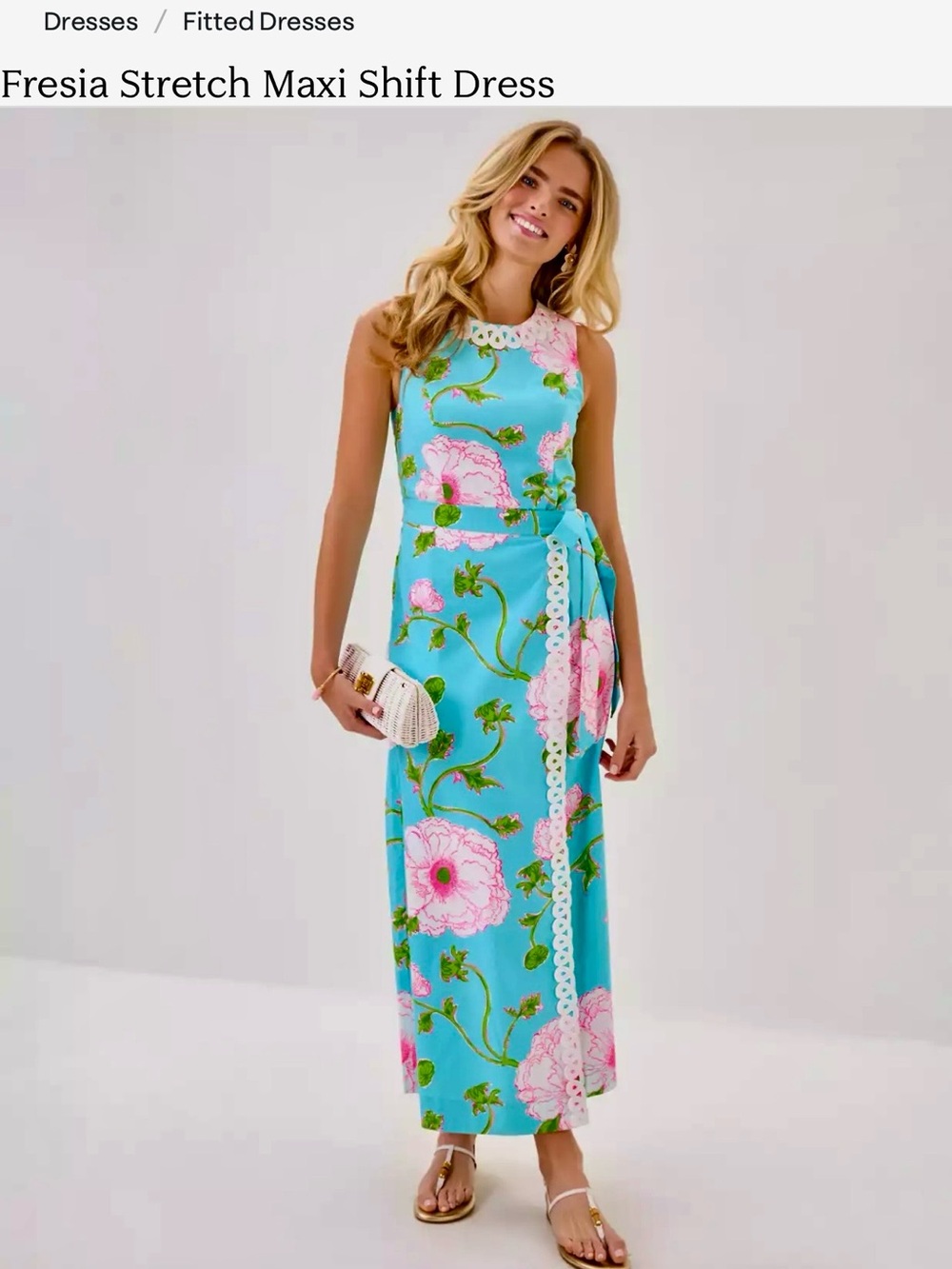 Lilly Pulitzer Freesia Dress -Turquoise Maxi Dress with Pink Floral Motif